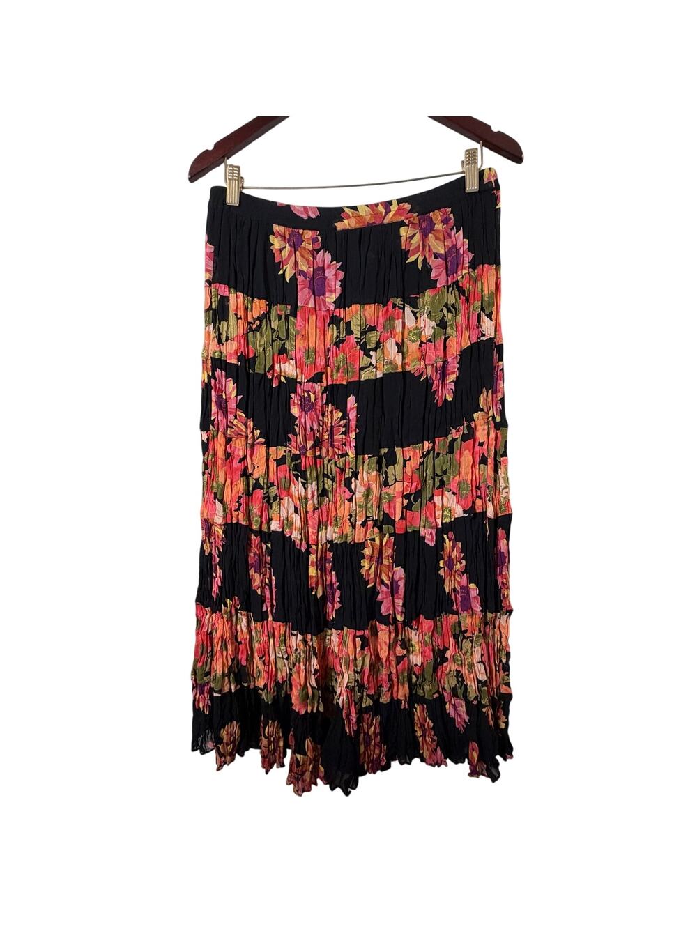 Sm Vtg Coldwater Creek Crinkle Maxi Skirt Black Pink Floral Cottagecore Boho Y2k